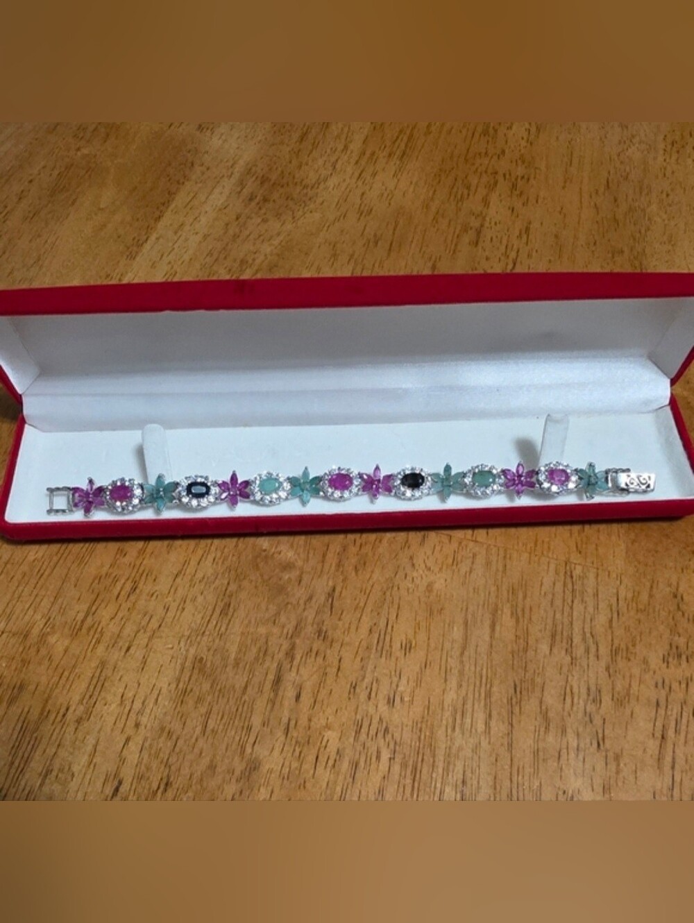 🆕️ Elegant Lab Ruby Sapphire Emerald Stering Silver Gemstone Tennis Bracelet